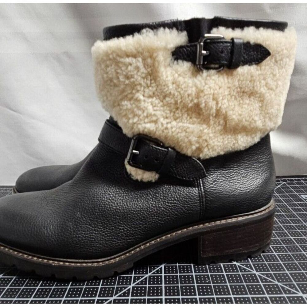 Coach Gabriella genuine Leather Shearling Ankle Boot black Sz 9.5B Buckles‎